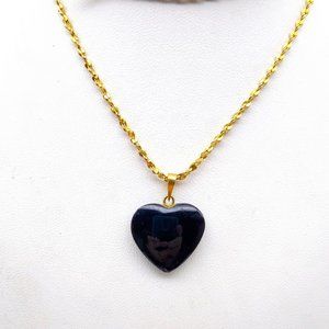 Onyx Heart Pendant Necklace, Black Natural Stone on Gold Tone Margarita Chain